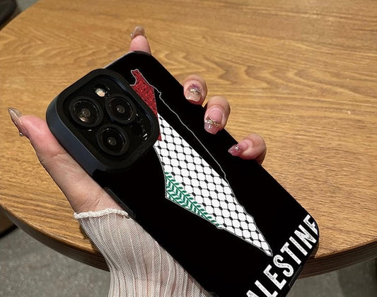 Sort iPhone cover med Palestine skrift og landekort