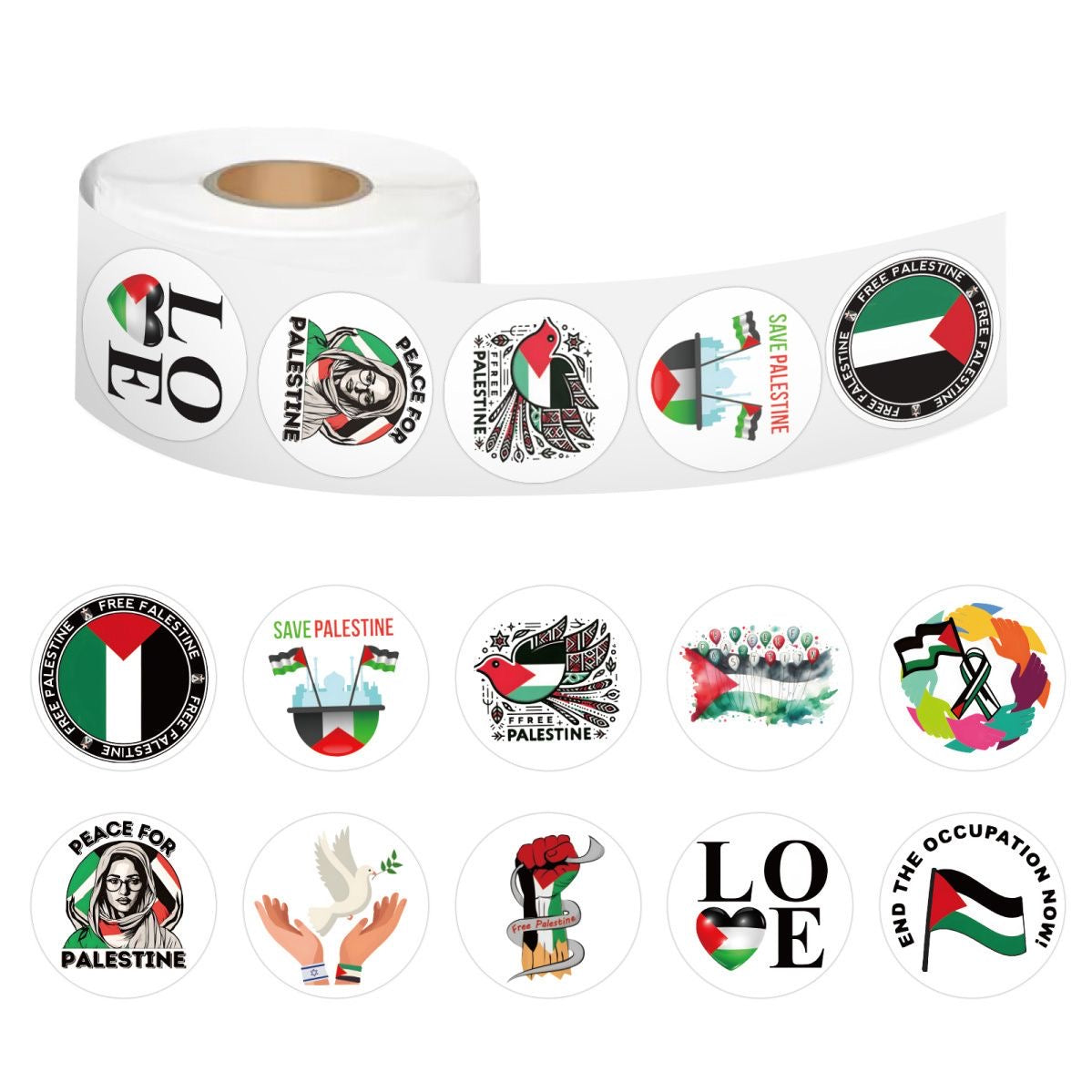 Rolls of Stickers – 500 pcs. per roll with Palestine and Peace