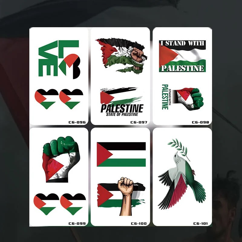 Seks palæstinensiske klistermærker med forskellige motiver, herunder Free Palestine-symbolik og flag.