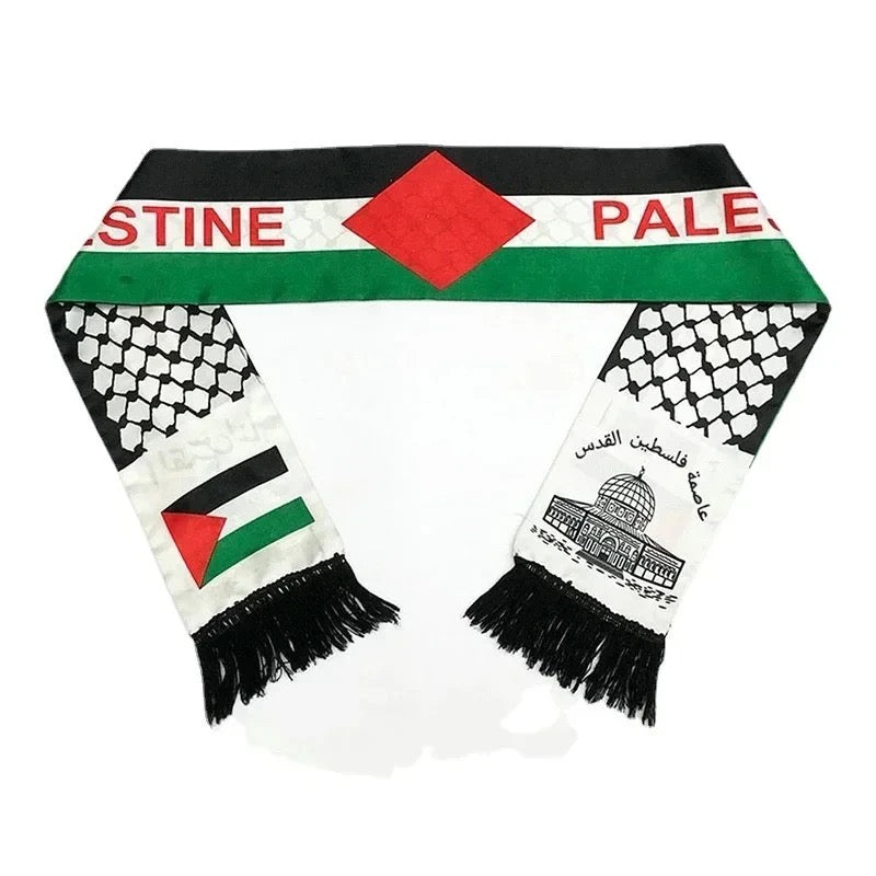 Traditionelt palæstinensisk tørklæde (Keffiyeh) i sort og hvidt mønster.