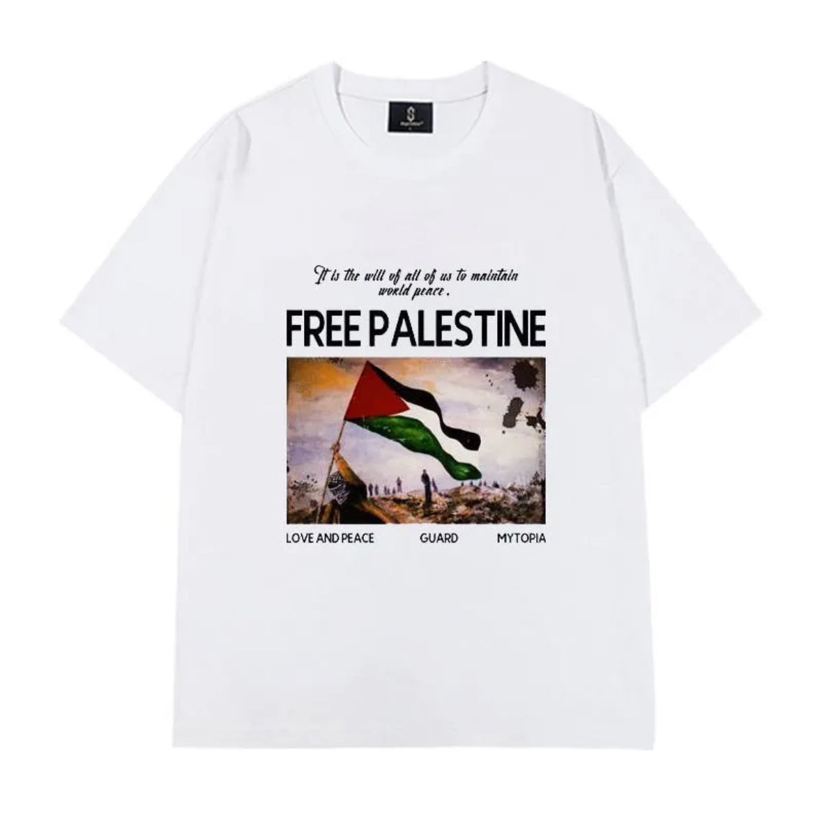 Oversigt over hele sortimentet: Collage af palæstinensiske T-shirts, Smykker og Accessories.