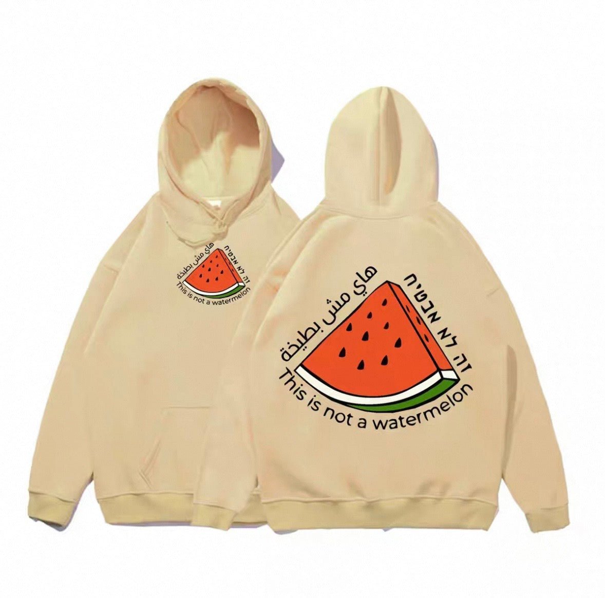 Beige hoodie med stor vandmelon og teksten “This is not a watermelon”