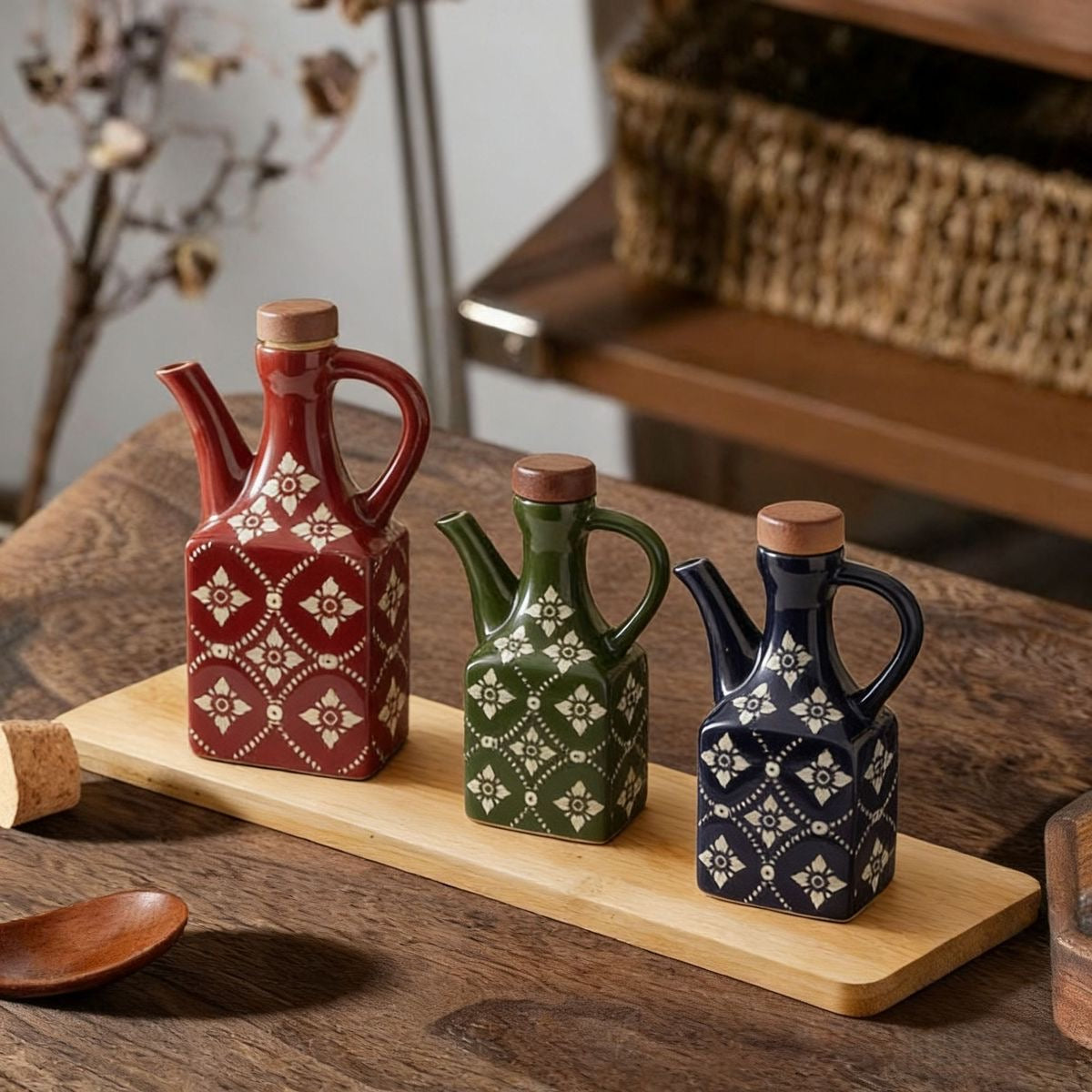 En stor rød, en lille grøn og en lille blå keramisk olivenolieflaske i pæne rammer