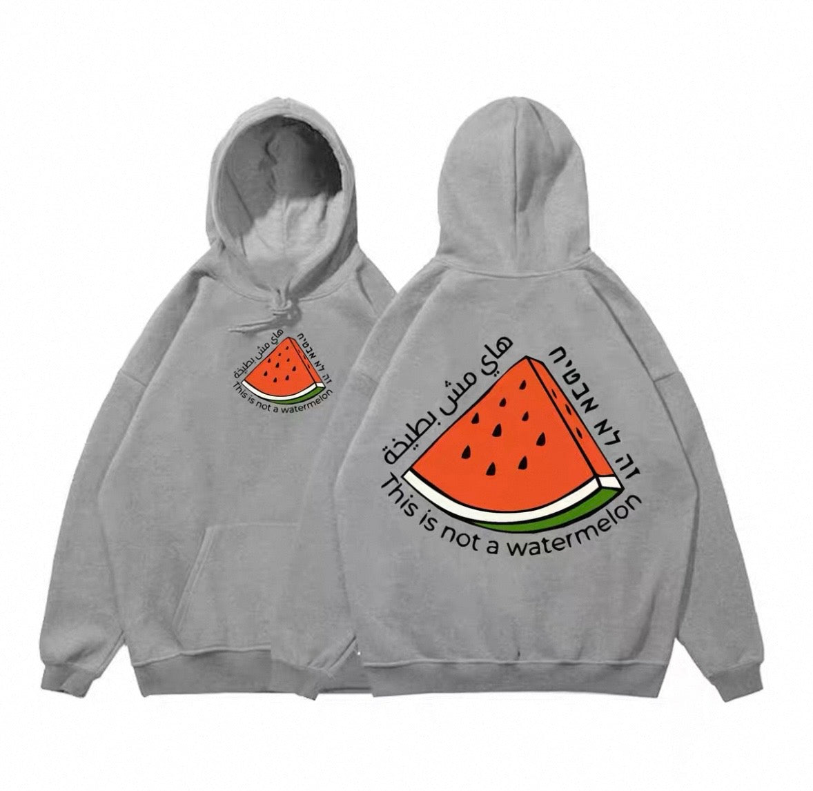 Grå hoodie med stor vandmelon og teksten “This is not a watermelon”