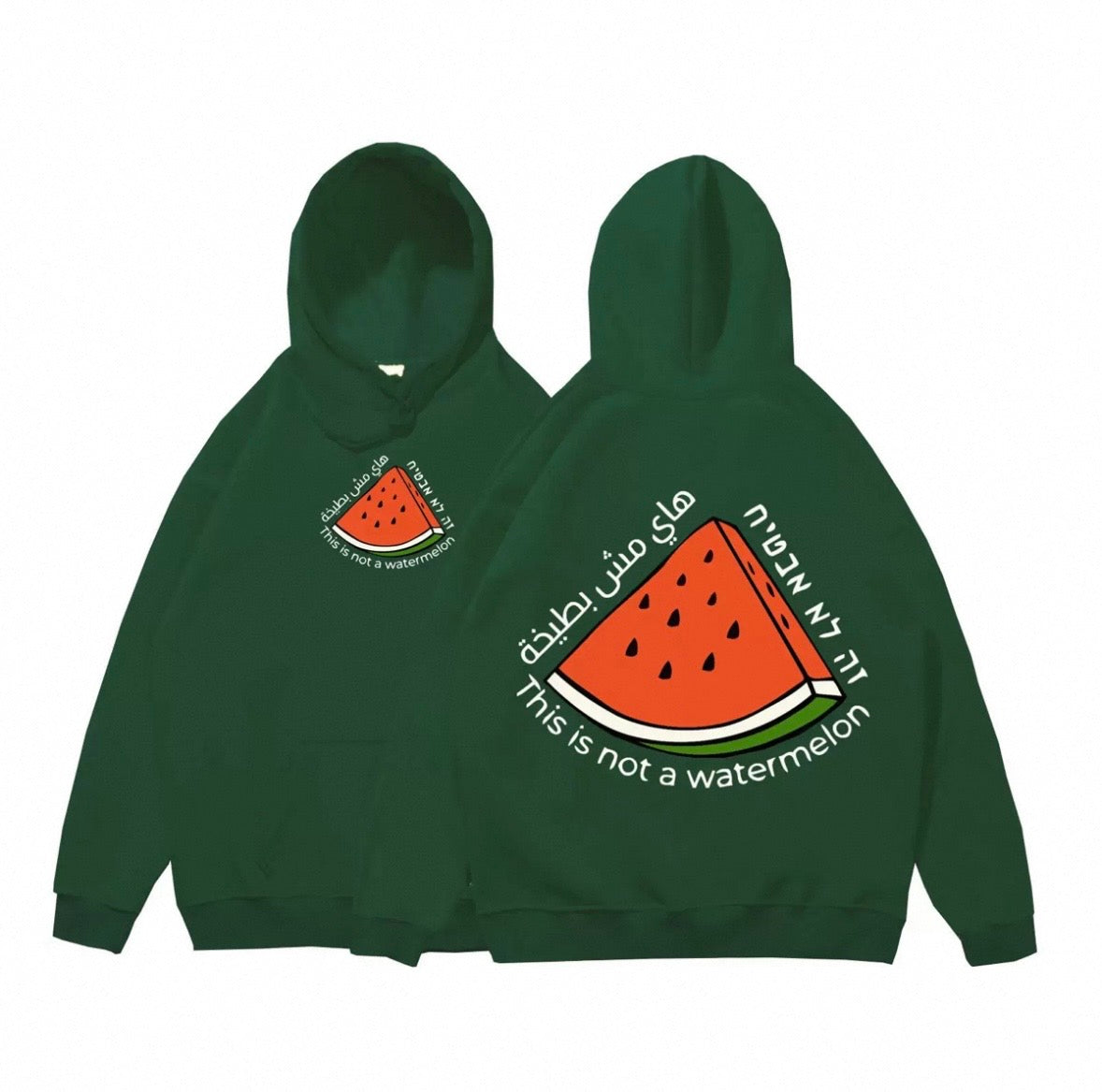 Grøn hoodie med stor vandmelon og teksten “This is not a watermelon”