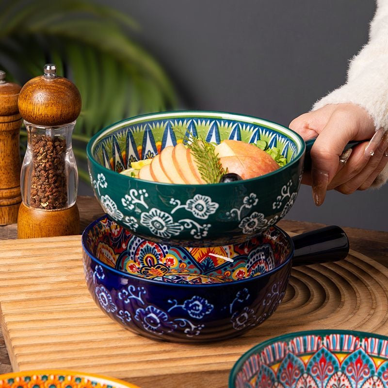 Grøn og blå mandala keramikskål med hank