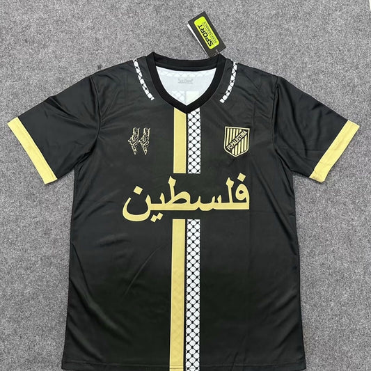 Palæstinensisk Fodboldtrøje – Sort/Guld med Kufiya-Mønster (Arabisk)