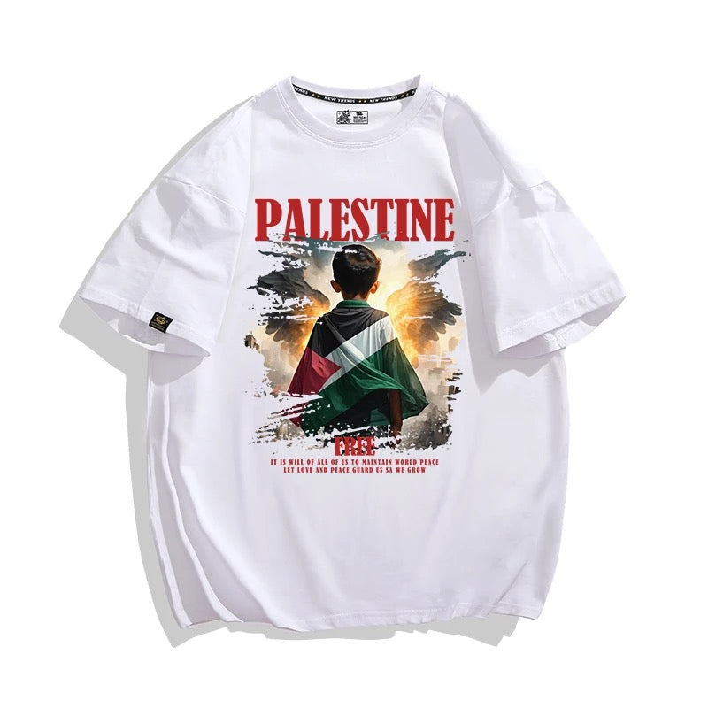 Hvid T-shirt med Rød Palestine Skrift