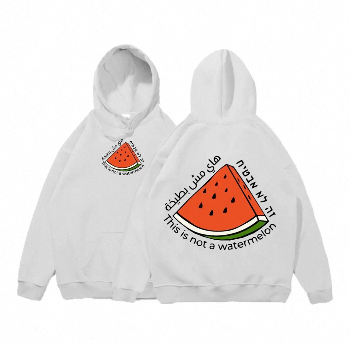 Hvid hoodie med stor vandmelon og teksten “This is not a watermelon”