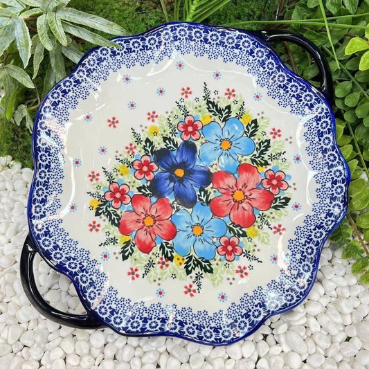 Ceramic Serving Platter with Handle - Palestinian Inspired Design - Floral Motif