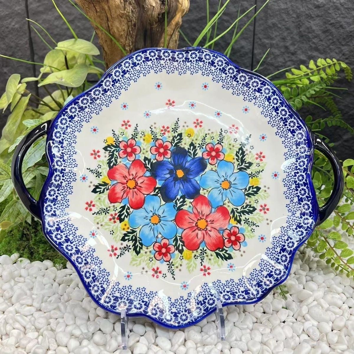 Keramik Serveringsfad med Håndtag - Palæstinensisk Inspireret Design - Blomstermotiv