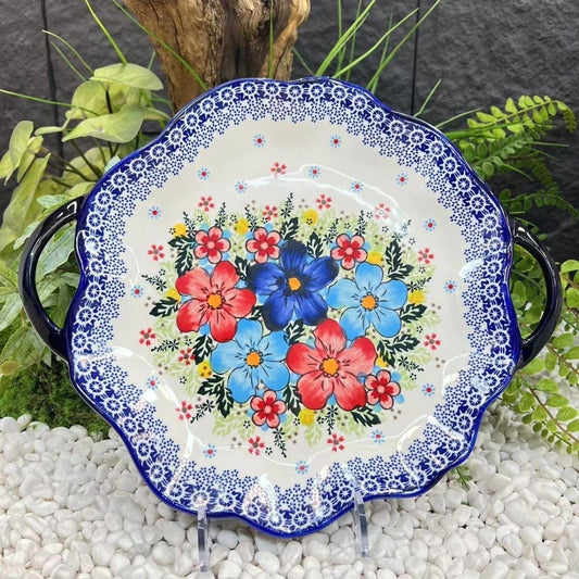 Ceramic Serving Platter with Handle - Palestinian Inspired Design - Floral Motif