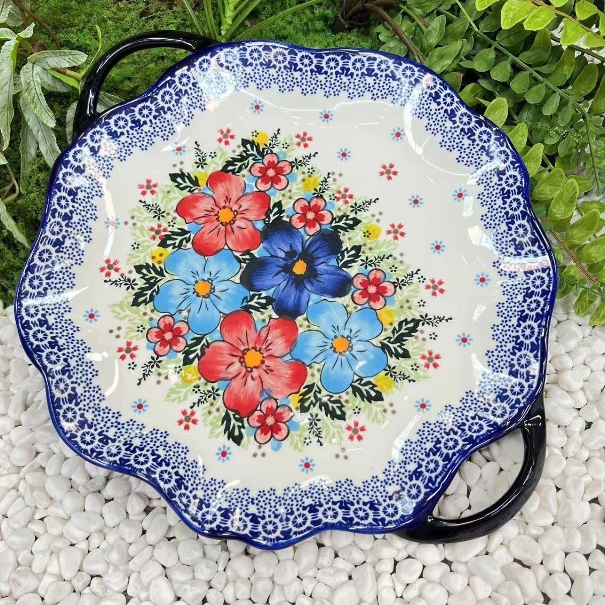 Keramik Serveringsfad med Håndtag - Palæstinensisk Inspireret Design - Blomstermotiv