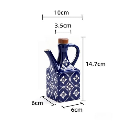 Lille blå keramisk olivenolieflaske med mål