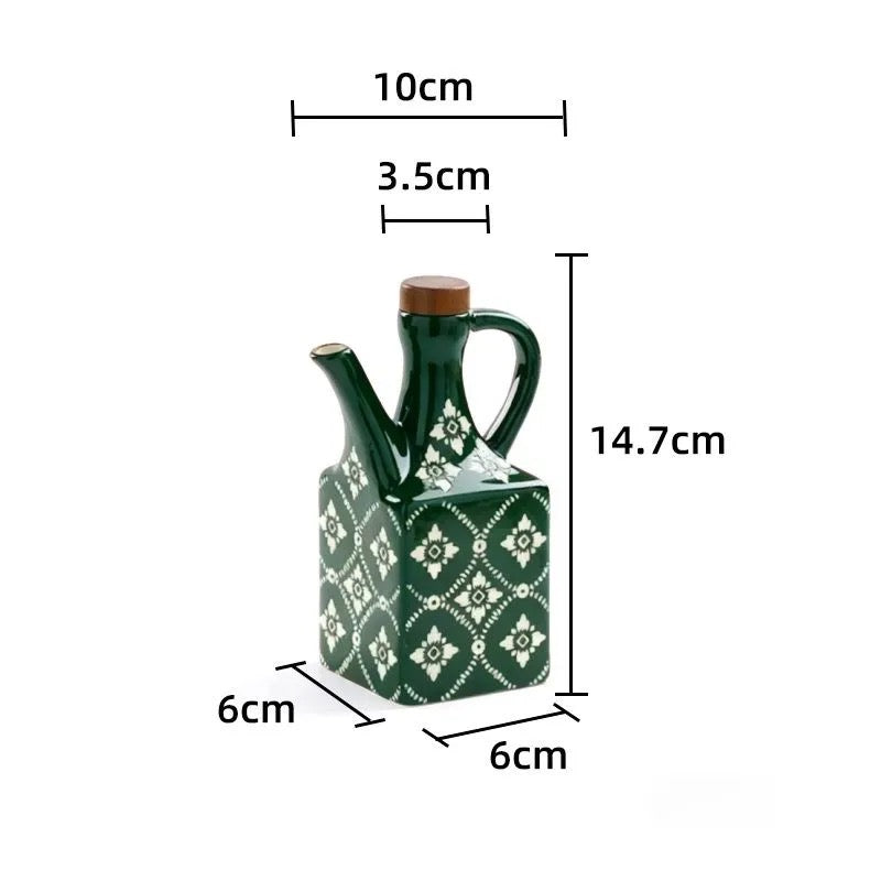 Lille grøn keramisk olivenolieflaske med mål