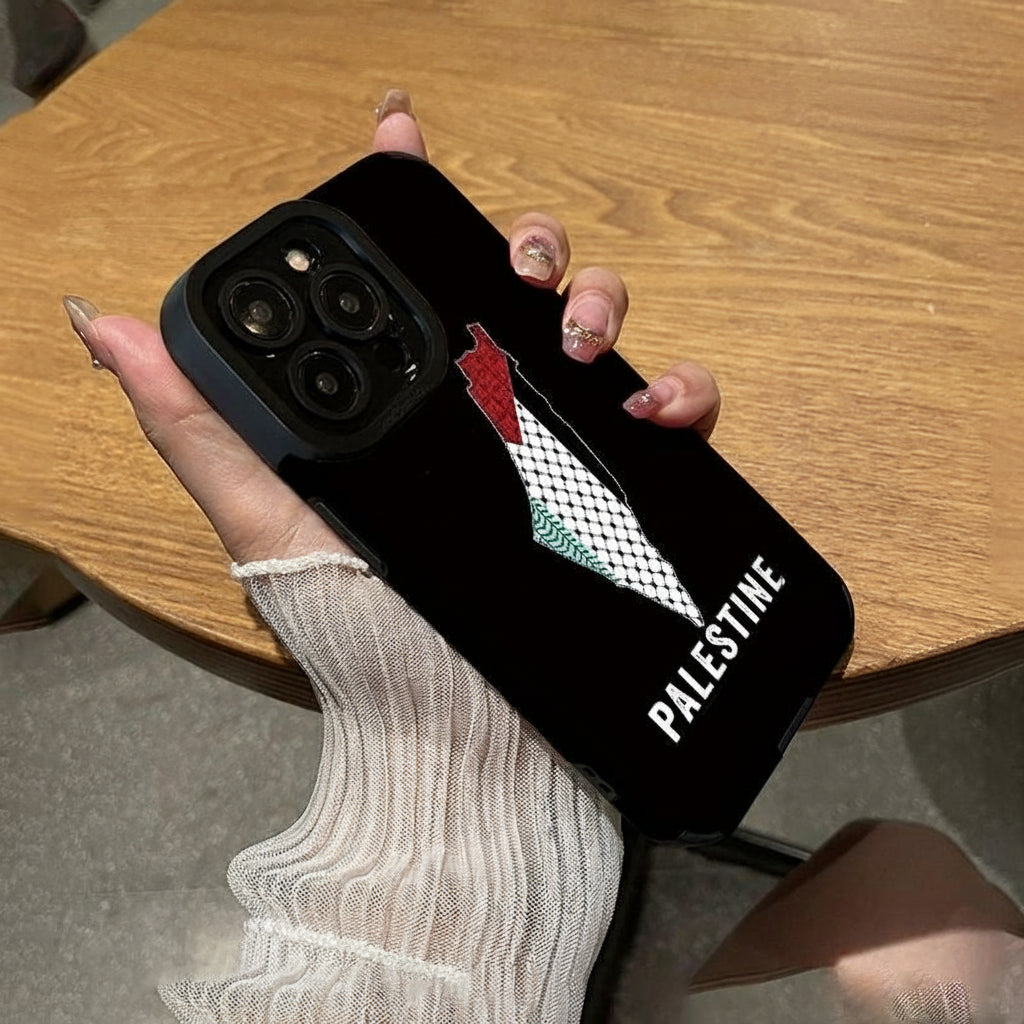 Sort iPhone cover med Palestine skrift og landekort