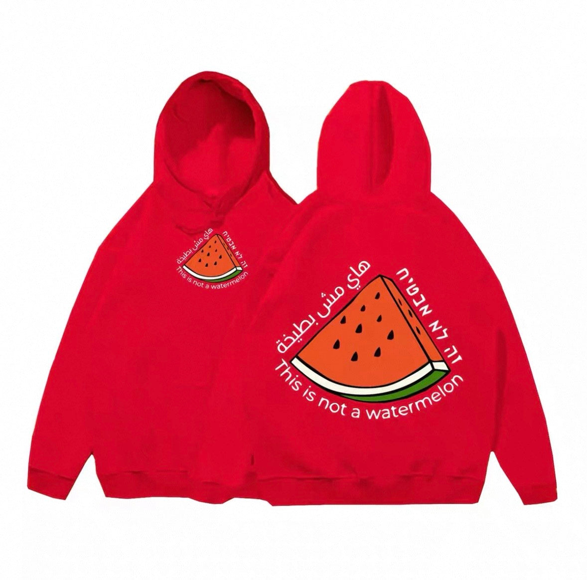 Rød hoodie med stor vandmelon og teksten “This is not a watermelon”