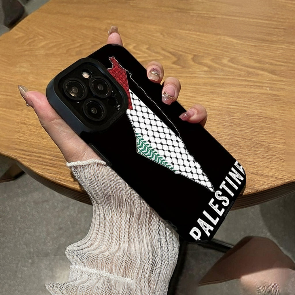Sort iPhone cover med Palestine skrift og landekort