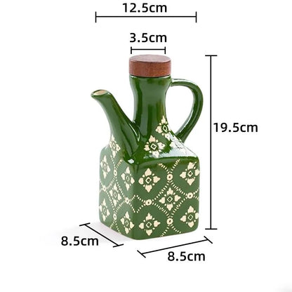 Stor grøn keramisk olivenolieflaske med mål