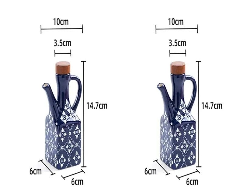 To små blå keramiske olivenolieflaske med mål