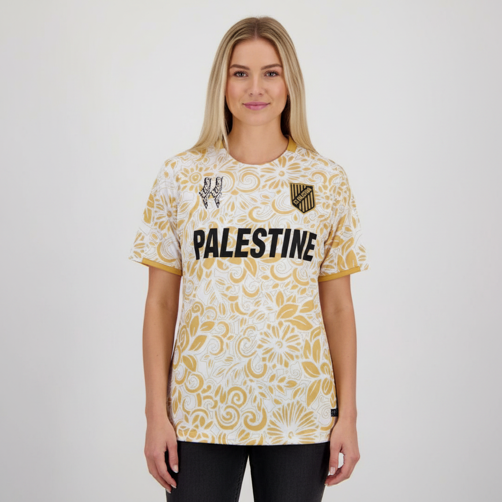fc palestina trøje hvid guld mønster på model