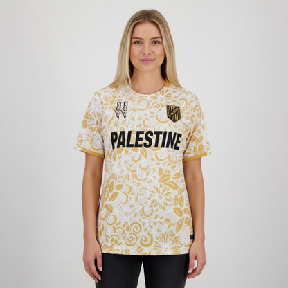 fc palestina trøje hvid guld mønster på model