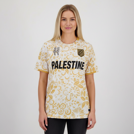 fc palestina trøje hvid guld mønster på model