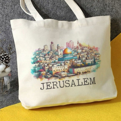 Mulepose med Jerusalem akvarel motiv og bund.