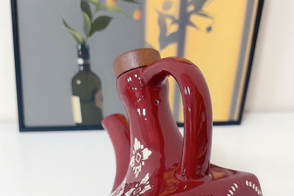 Keramisk olivenolieflaske rød med trælåg og med ventilationshul