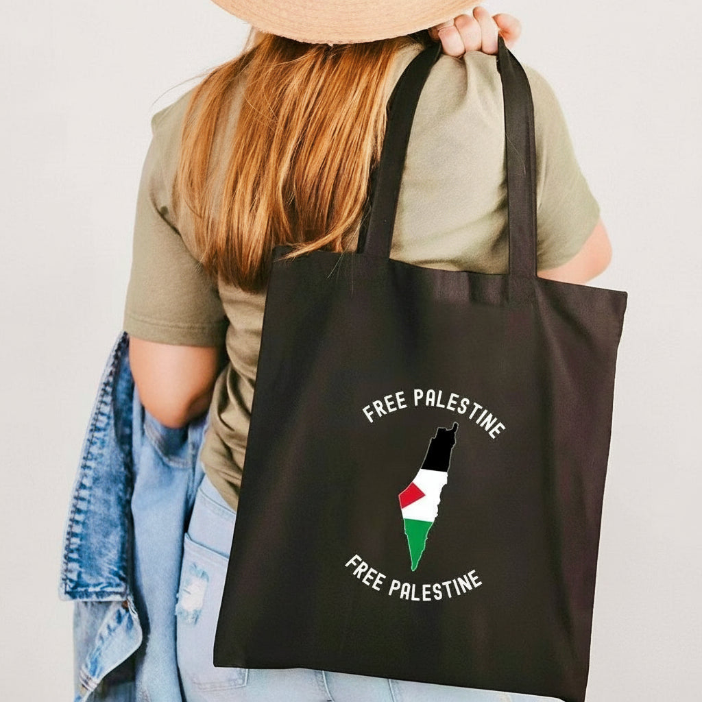 Sort Palæstina mulepose med kort og “Free Palestine”-tekst