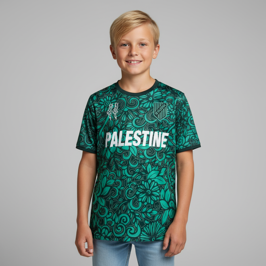 Palæstina fodboldtrøje grøn zaitoun mønster på model