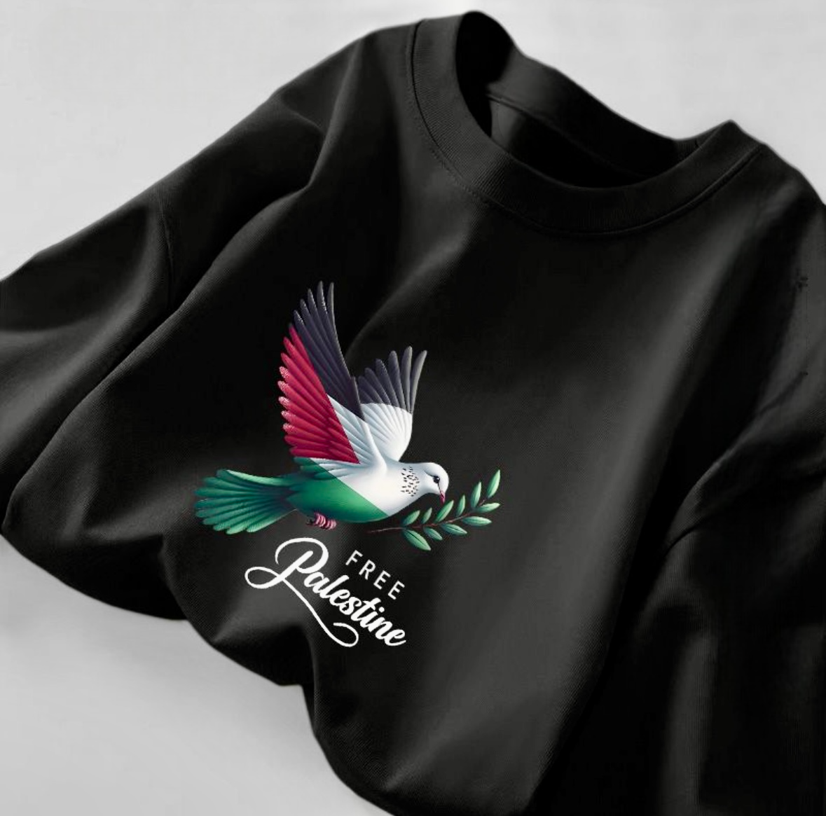 Sort langærmet t-shirt med Free Palestine fugl